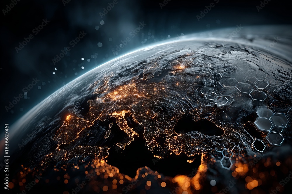 Poster a blue and white planet with a hexagonal background