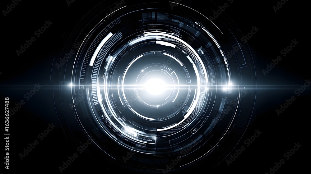 Poster Abstract graphic design with concentric circles and light effects.