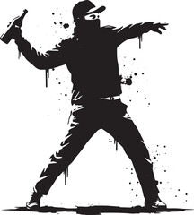 Silhouette of a man throwing a molotov cocktail against a white