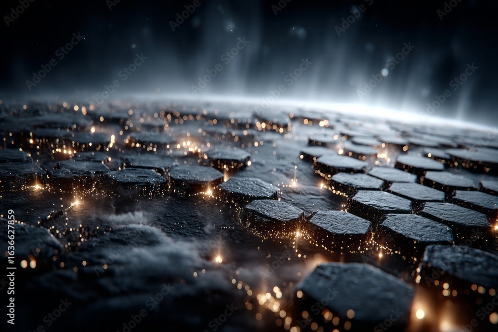 Poster a blue and white planet with a hexagonal background