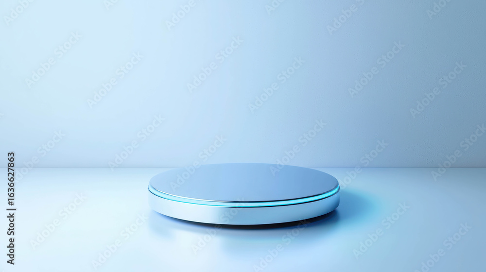 Poster minimalist display platform with soft blue lighting for product showcase on a smooth surface in a mo