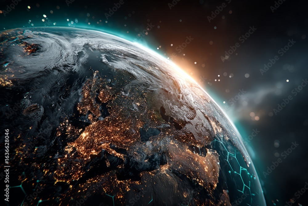 Poster a blue and white planet with a hexagonal background