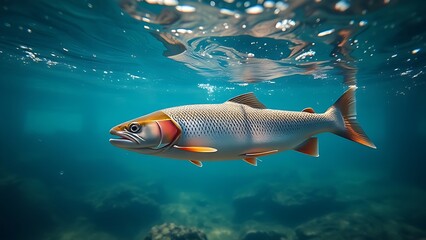 Fototapeta premium A trout swims gracefully in a clear stream, sunlight refracting through the water in cool blue tones.