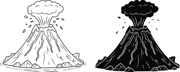 Duo of volcanoes erupting in black and white illustration