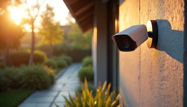 Modern security camera mounted on exterior wall at dusk. Warm sunset light illuminates the garden path and rich plants. Technology enhances home safety and protection.