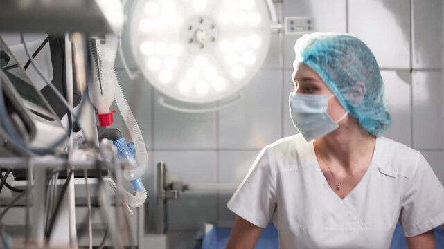 Tired doctor in operating room, surrounded by surgical equipment and bright overhead lights, preparing for procedure, showcasing dedication and professionalism in a clinical environment with copy spac