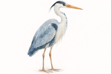 Fototapeta premium Elegant watercolor illustration of a grey heron standing gracefully, detailed with soft blue-grey feathers, long slender legs, and a sharp orange beak, depicted against a clean white background 