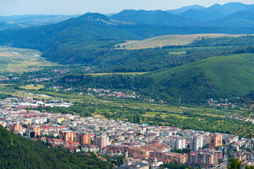 panoramic view from above on the street of city Piatra Neamt, Romania, city architecture, urban landscape