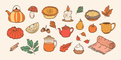 Vintage fall elements hand drawn in doodle sketch drawn kids. Cozy autumn icons pumpkin, kettle, cinnamon, pie, plaid, leaves, candle, mug. Vector illustration. 