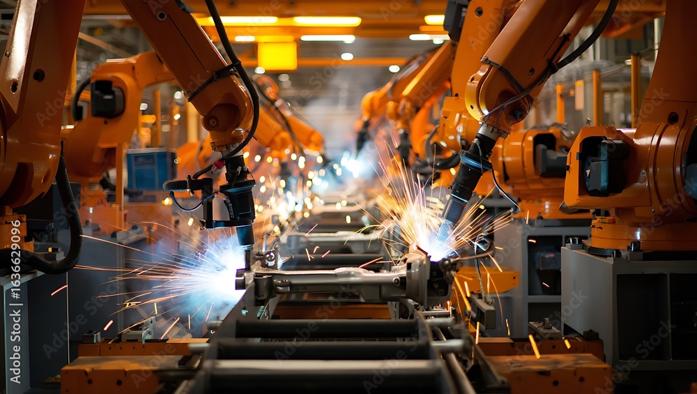 Poster automated robotic arms performing welding on a car assembly line