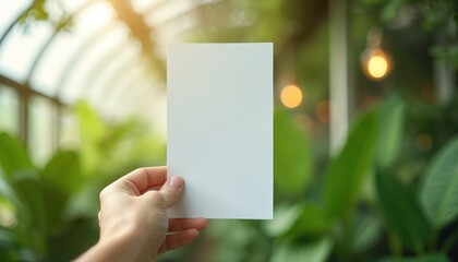 Blank white menu card held in hand against blurred green greenhouse background with soft bokeh lights. Ideal for restaurant, cafe, event presentation nature-inspired branding, garden settings.