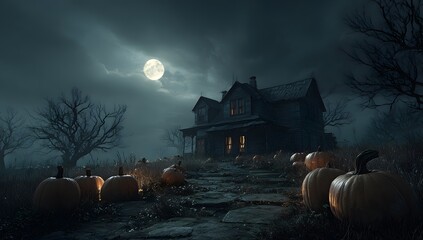 Spooky halloween haunted house with pumpkins and full moon night background