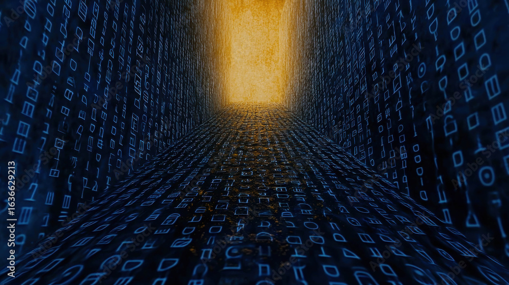 Poster mystical digital corridor with glowing binary code leading to a bright light at the end of a dark pa