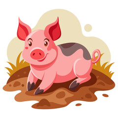 vector illustration of yorkshire pig, lying in mud, abstract