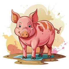 vector illustration of yorkshire pig, eating from trough, watercolor