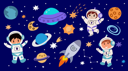 kids astronaut space elements little cosmonauts funny children in spacesuits ufo alien rocket planets childish background cartoon © SachiDesigns