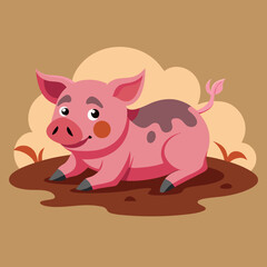 vector illustration of yorkshire pig, lying in mud, flat design