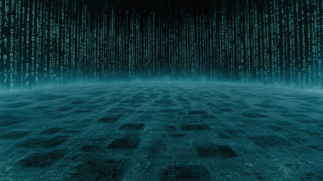Abstract digital landscape with glowing binary code rain and a futuristic ground for technology-focused backgrounds and sci-fi designs