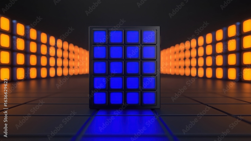 Poster abstract geometric design featuring a central cube surrounded by illuminated panels creating a futur
