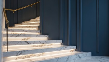 Luxurious marble staircase with integrated vertical LED lighting creates striking contrast against dark walls. Modern architectural element guides upward movement through interior spaces, offering