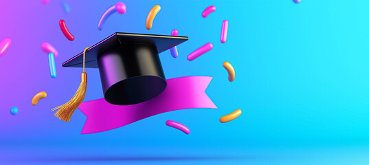 Vibrant graduation cap floating shapes education success banner graduate mortarboard university