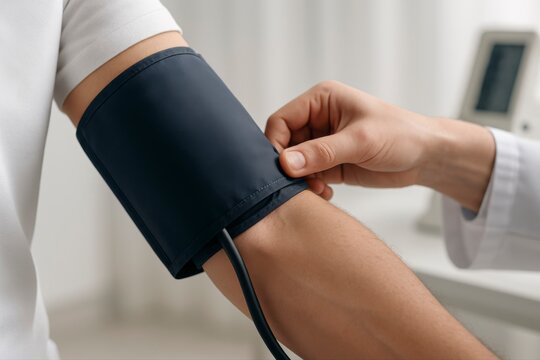 Doctor takes patient's blood pressure carefully in modern clinic, promoting health and wellness - Powered by Adobe