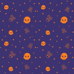 Seamless Halloween pattern with cartoon skulls, bones, and stars on a purple background. Perfect for wrapping paper, wallpapers, and festive design projects.
