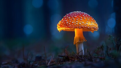 Stock image of glowing amanita muscaria mushroom in forest at night photography