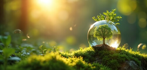 Glass sphere containing tree on mossy ground, corporate sustainability reporting, transparent environmental efforts. Golden sunlight illuminates scene, growth, eco-friendly business practices. Visual