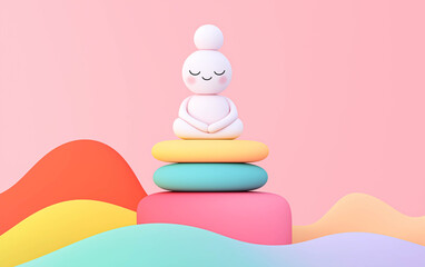 Cute 3d character meditating on colorful stones peaceful balance serene mindfulness concept