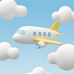 Obraz premium Cartoon airplane with yellow tail flying through cloudy blue sky, perfect for travel and aviation themes.