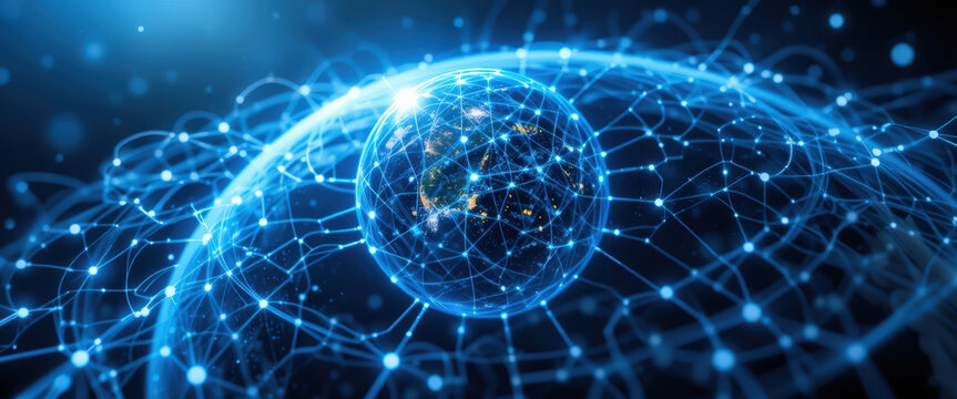 Exploring global connectivity through digital networks virtual space data visualization futuristic abstract concept