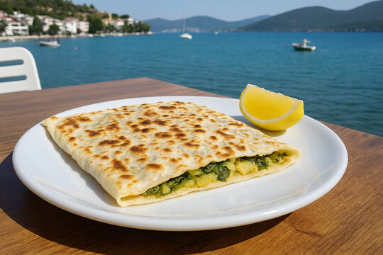 Traditional turkish potato spinach gozleme borek at gulluk milas mugla turkey stock photo
