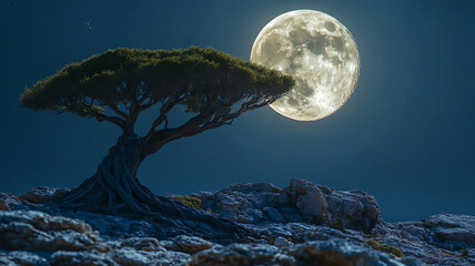 Stunning Socotra Dragon Tree on Rocky Hills with Full Moon Backdrop, Full-Length Natural Landscape