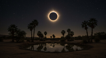 An ethereal annular eclipse viewed from a desert oasis, its reflection shimmering in still waters, surrounded by date palms swaying in the cold night wind