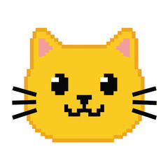 A cute yellow pixel art cat head illustration with black eyes, nose, mouth, and whiskers.