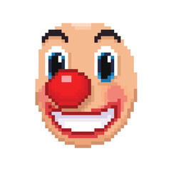 Naklejka premium A pixelated, close-up illustration of a cheerful clown's face with a large red nose, wide smile, and blue eyes against a white background.