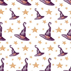 Seamless Halloween pattern with purple witch hats and golden stars in watercolor style. Perfect for holiday textiles, wrapping paper, scrapbooking, and festive digital designs.