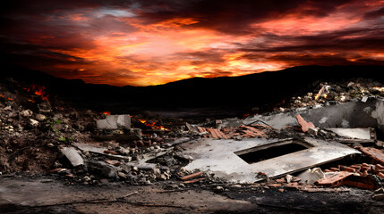 Burning embers debris a destroyed building against a dramatic fiery sunset backdrop.