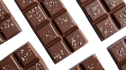 Obraz premium Top view chocolate bar in square pieces on a white background