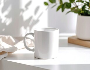 White mug on white table, sunlight and shadows