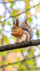 Red Squirrel eating nut on branch, autumn