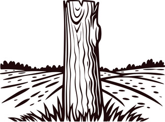 Fototapeta premium Hand drawn tree stump with grass and meadow background, vintage woodcut engraving illustration