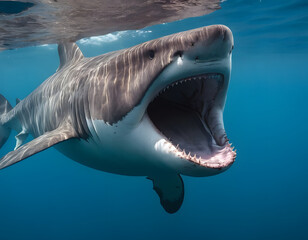 Fototapeta premium great blue shark background, Basking Shark Filter-Feeding Underwater