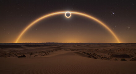 A time-lapse vision: The eclipse’s ring arcs over a desert valley, its light tracing the landscape like a slow-motion flare, revealing hidden patterns in the sands