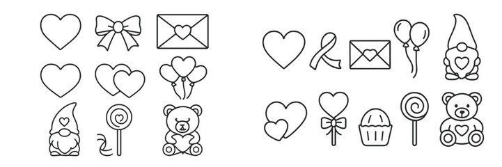 Colorful collection of cute Valentine?s Day icons featuring hearts, gifts, and playful characters
