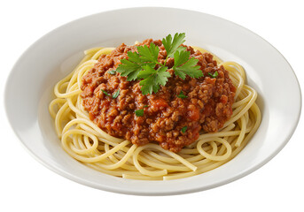 Delicious spaghetti bolognese served in a white bowl with fresh parsley isolated on white or transparent background PNG format.