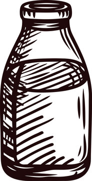 recommend clip art: Hand drawn glass milk bottle illustration in vintage engraved with clean white background