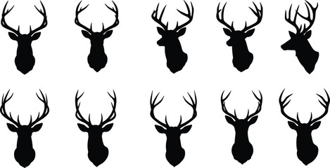 Deer stag head silhouette vector set, collection of various antlered deer head shapes for hunting, nature, and rustic-themed designs.