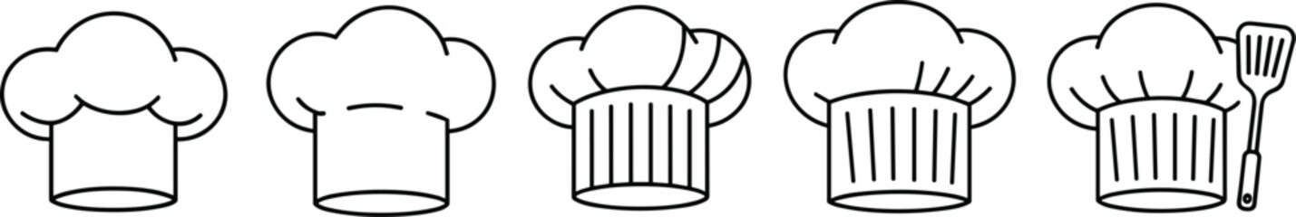 Chef hat and cooking tools vector line icon set, collection of culinary symbols for restaurants, food blogs, and kitchen-themed designs.